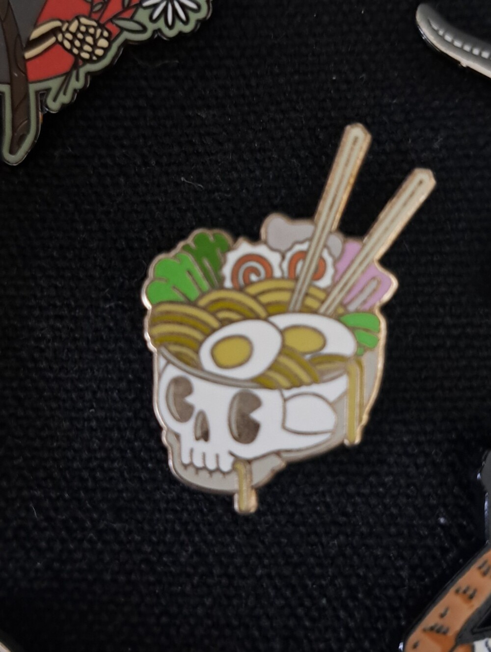 Skull Ramen Enamel Pin — White, Green, Yellow Accent
